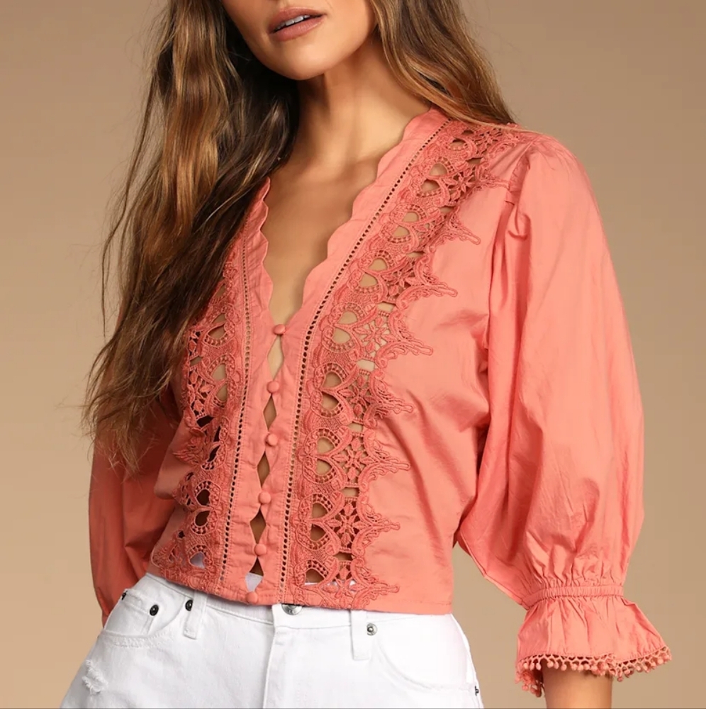 Free People Coral Lace Detail Blouse